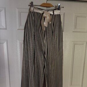 Black & Cream Striped Wide-Leg Viscose Pants with Satin Tie Waist